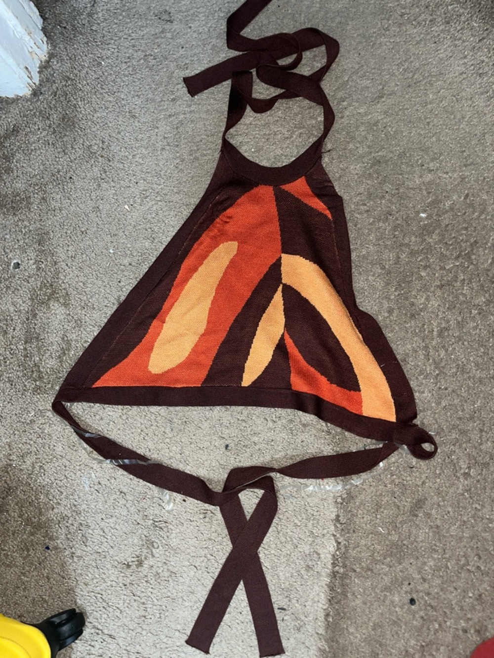 Brown Knit Halter Top with Orange & Tan Abstract Pattern